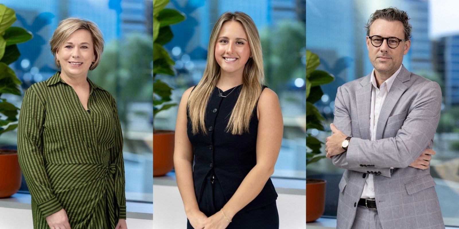 Three corporate headshots from one on-location session: a striped wrap dress, a black sleeveless vest and a light grey suit against the same office background